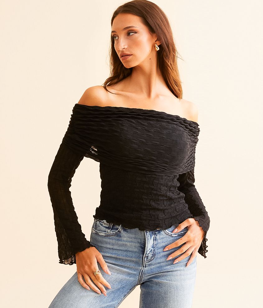 Willow &#38; Root Textured Mesh Off The Shoulder Top front view