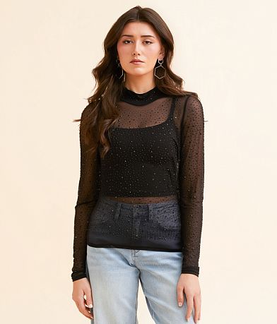 Retroluxe Rhinestone Mesh Top - Women's Shirts & Blouses in Black | Buckle