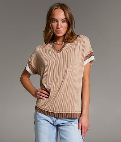 BKE Raw Edge Ribbed Top full right side view