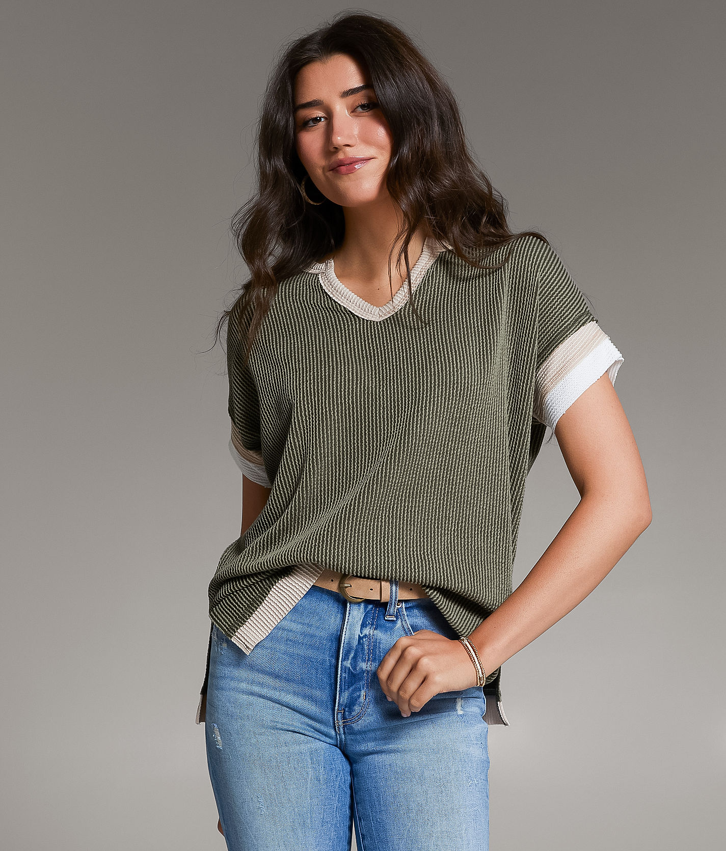 BKE Raw Edge Ribbed Top - Women's Shirts & Blouses in Olive | Buckle