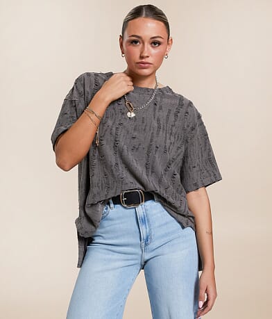Gilded Intent Distressed Overlay Oversized T-Shirt front view