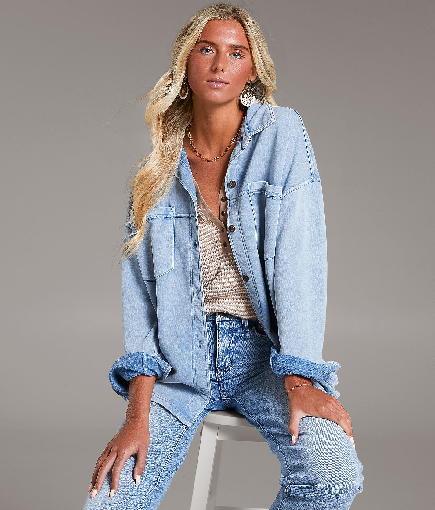 BKE Washed Knit Shacket - Women's Coats & Jackets in Denim Blue