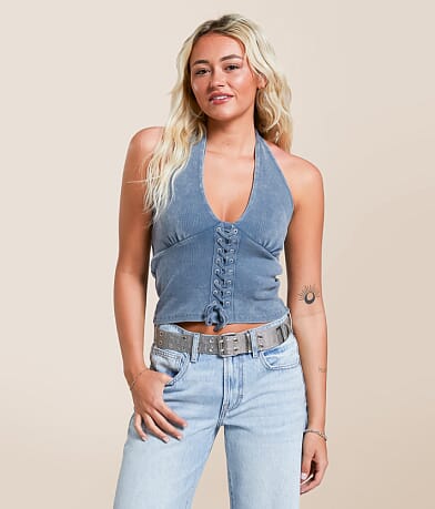 Gilded Intent Lace-Up Halter Tank Top front view