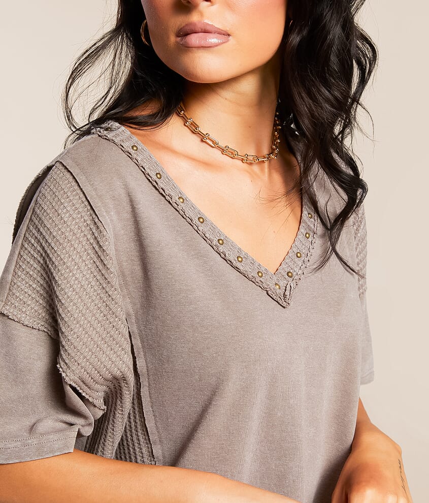 Pieced Waffle Knit Washed Top - thumbnail 4