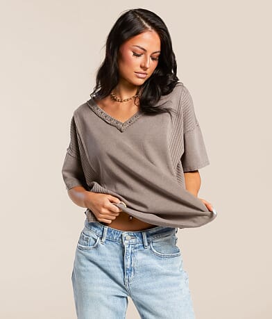Gilded Intent Pieced Waffle Knit Washed Top front view