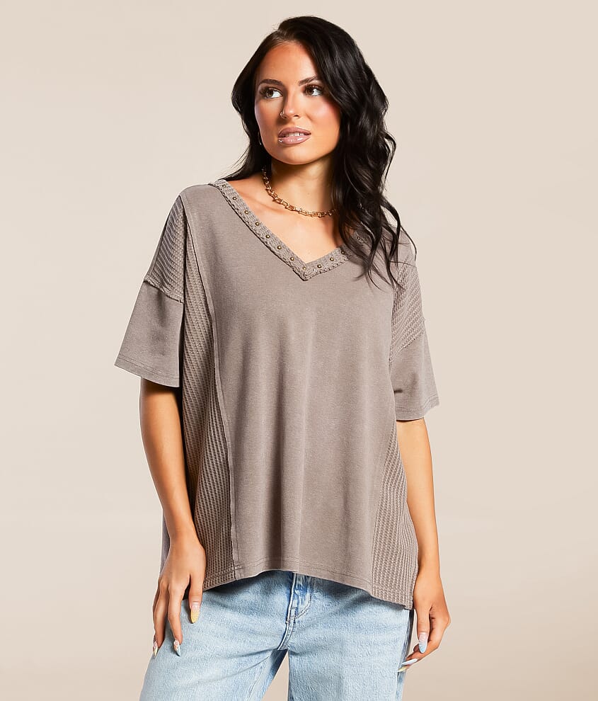 Pieced Waffle Knit Washed Top - thumbnail 2