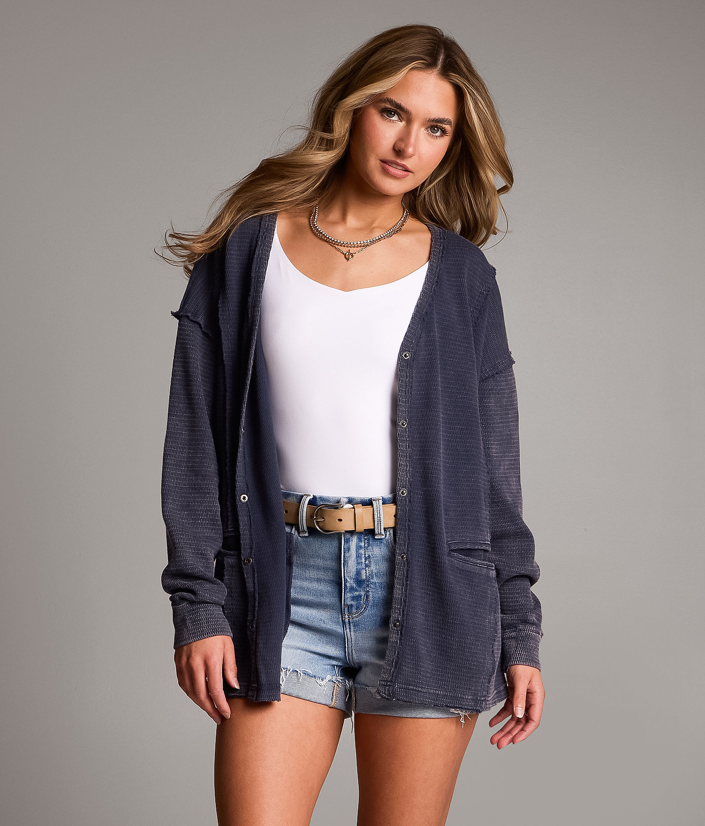 BKE Washed Waffle Cardigan - Women's Sweaters in Mood Indigo | Buckle