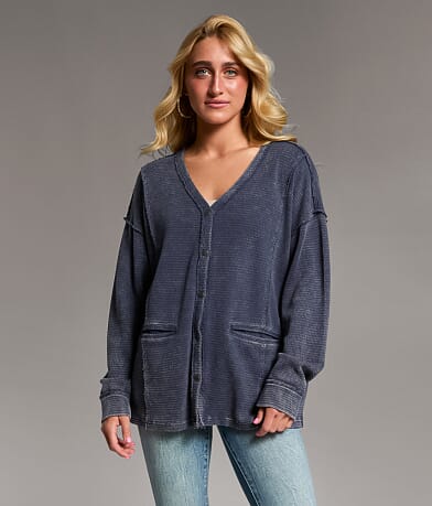 BKE Washed Waffle Cardigan front view