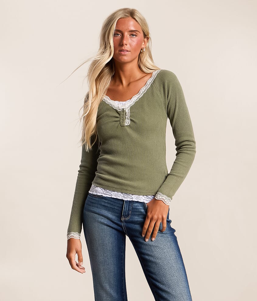 Crochet Trim Henley Top