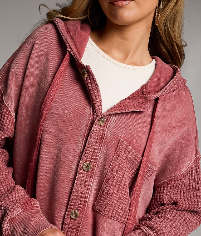 Pieced Waffle Knit Hooded Shacket