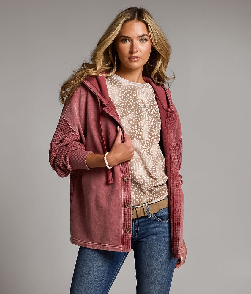 Pieced Waffle Knit Hooded Shacket
