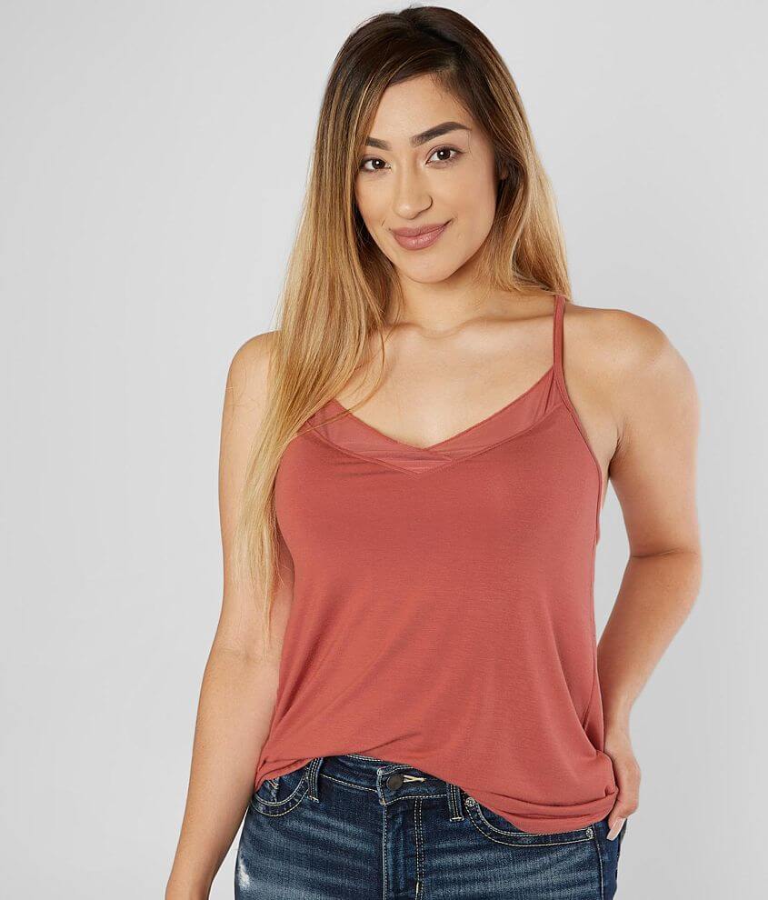 red by BKE Mesh Inset TBack Tank Top Women's Tank Tops in Peach Dark Buckle