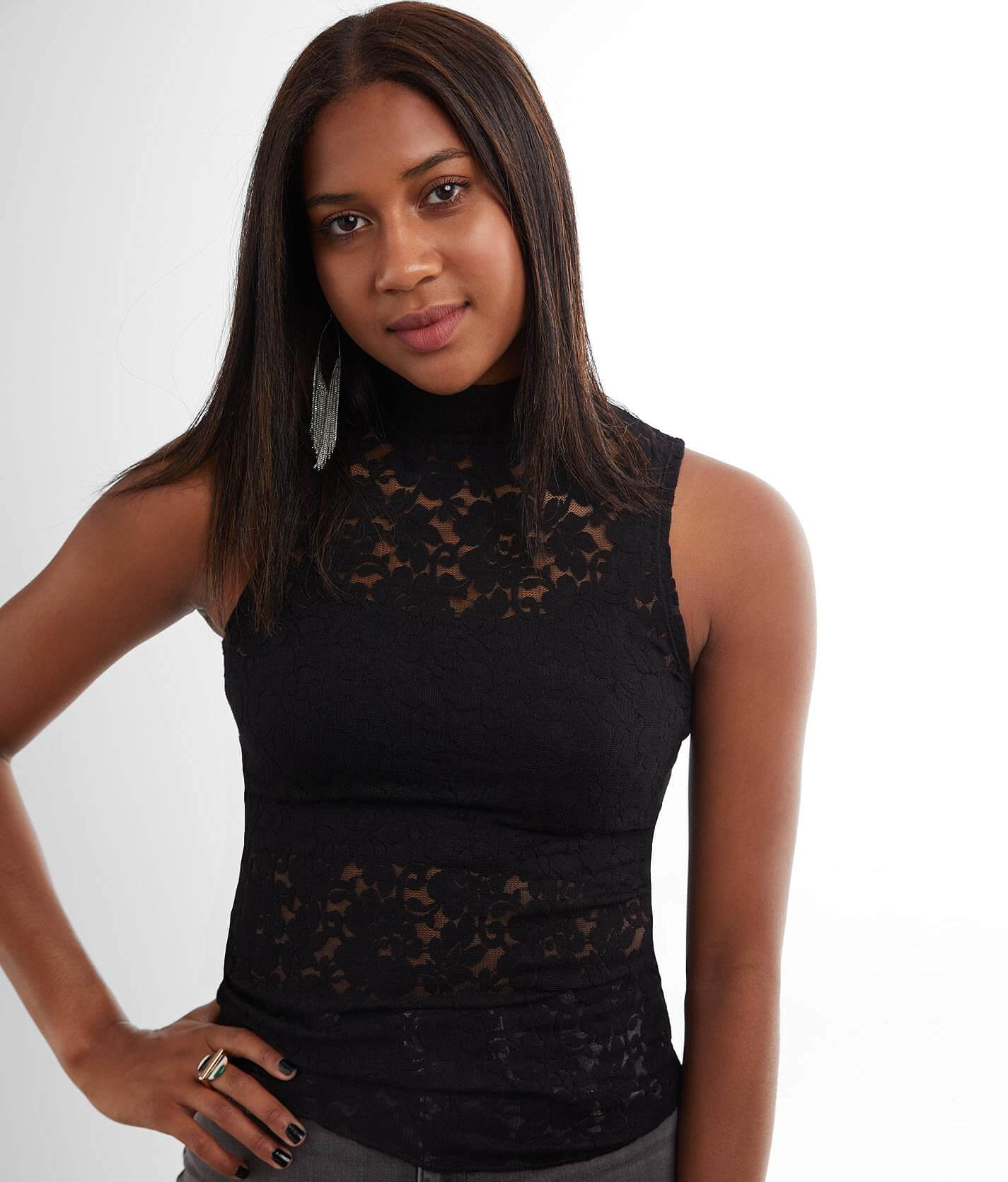 red by BKE Lace Mock Neck Tank Top - Women's Tank Tops in Black