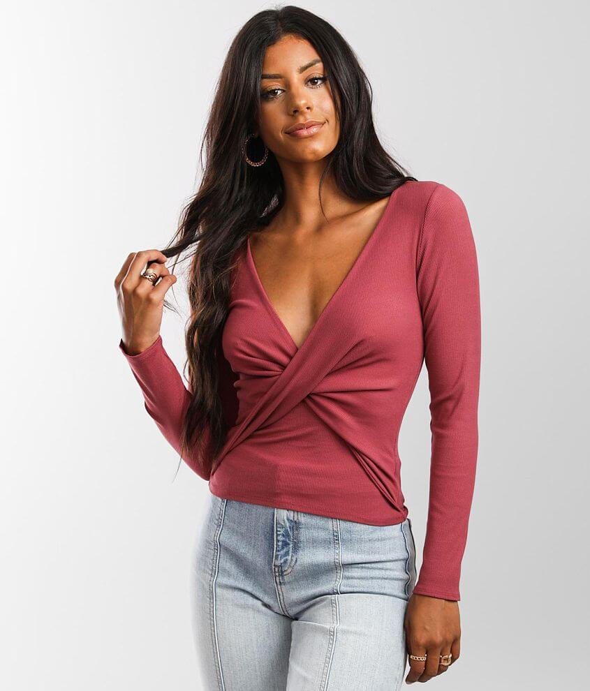 Red Wrap Over Long Sleeve Plunge Top, Women's Tops