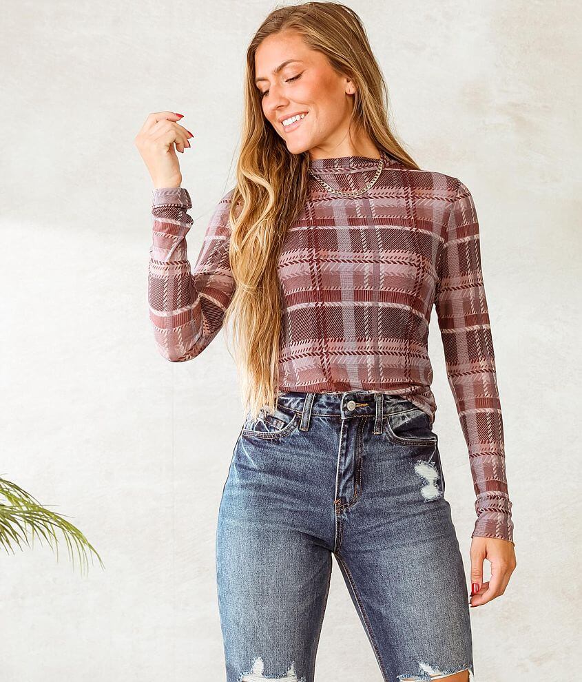 Willow &#38; Root Plaid Mesh Knit Top front view