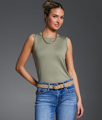 Buckle Black Ruched Tank Top front view