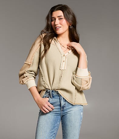 BKE Pieced Waffle Knit Henley front view