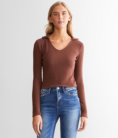 FITZ + EDDI Collared Rib Knit Top front view