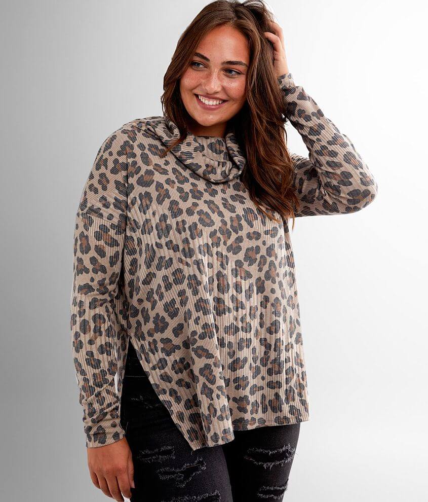 BKE Cheetah Cowl Neck Top front view