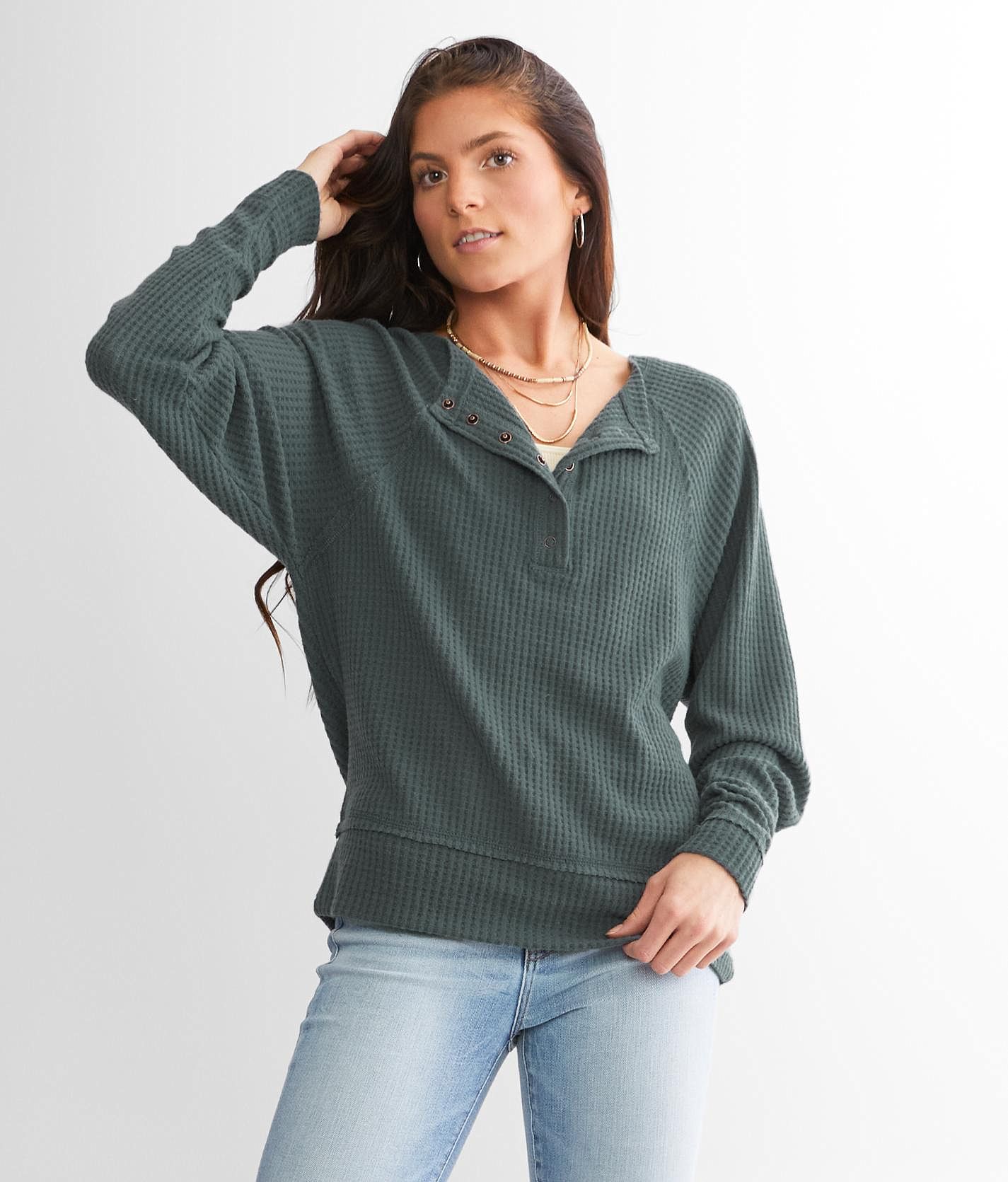BKE Waffle Knit Thermal Henley - Women's Shirts/Blouses in Blue | Buckle