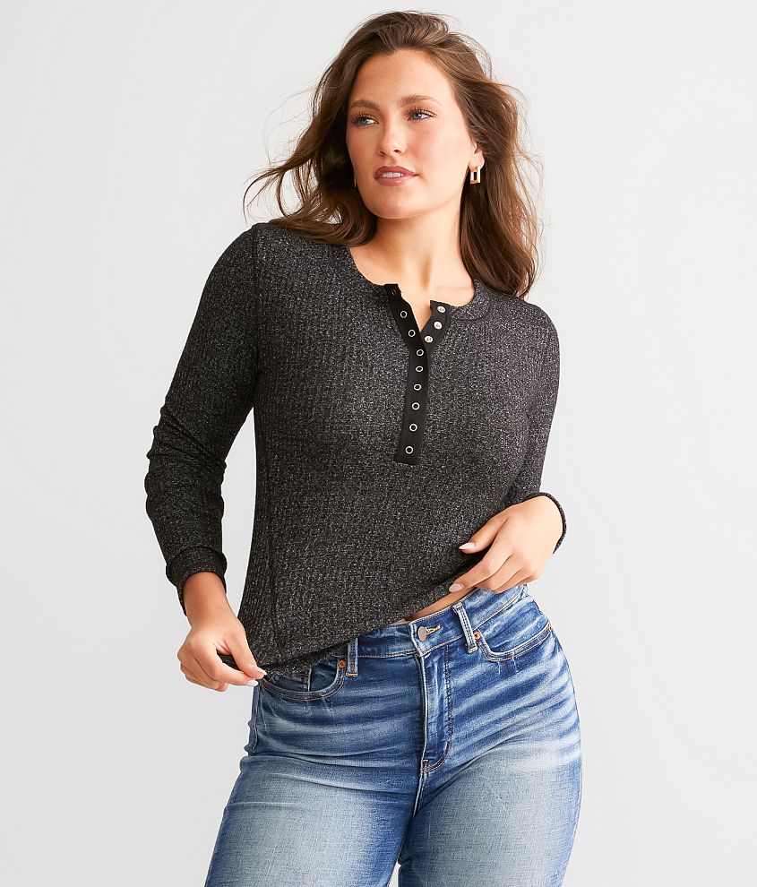 BKE Fitted Contrast Stitch Henley - Women's Shirts/Blouses in Black ...