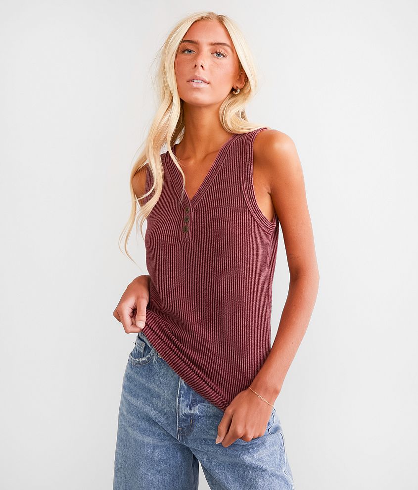 BKE Ribbed Knit Henley Tank Top front view