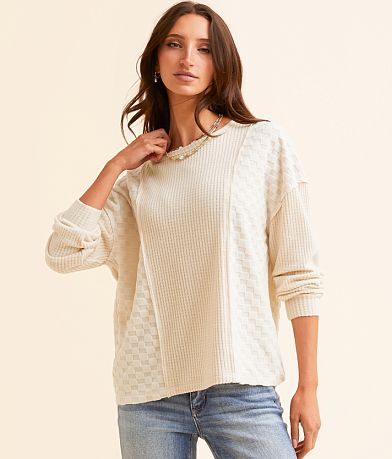 BKE Brushed Waffle Knit Checkered Top front view