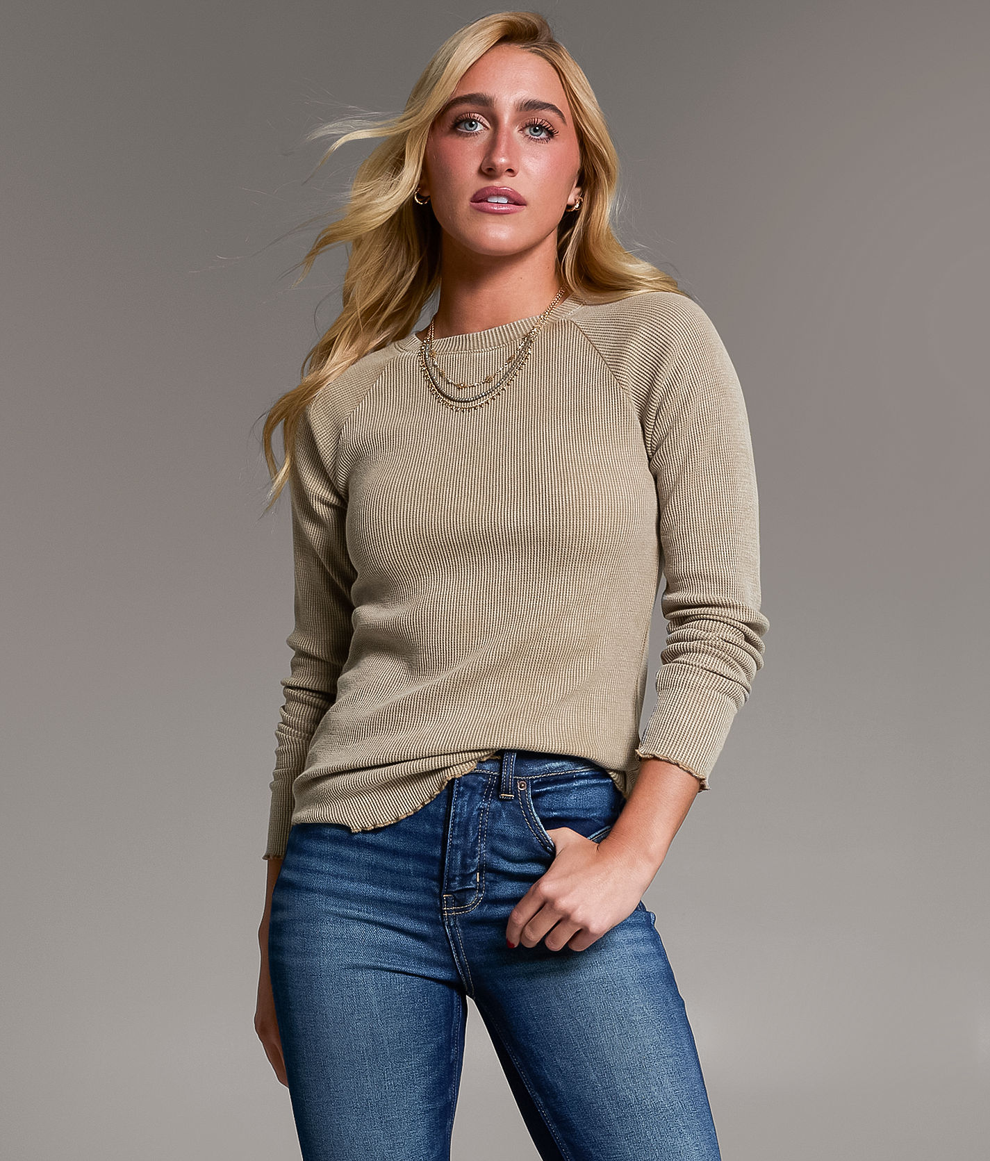 BKE Waffle Knit Top - Women's Shirts & Blouses in Greige | Buckle