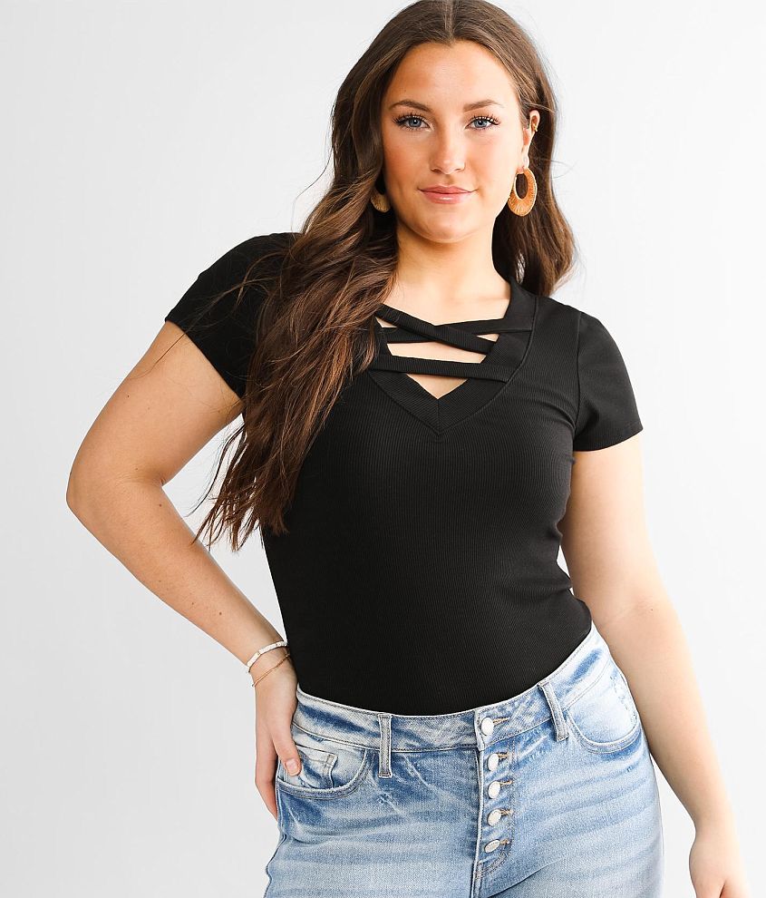 red by BKE Strappy Mesh Inset Top - Women's Shirts/Blouses in Black