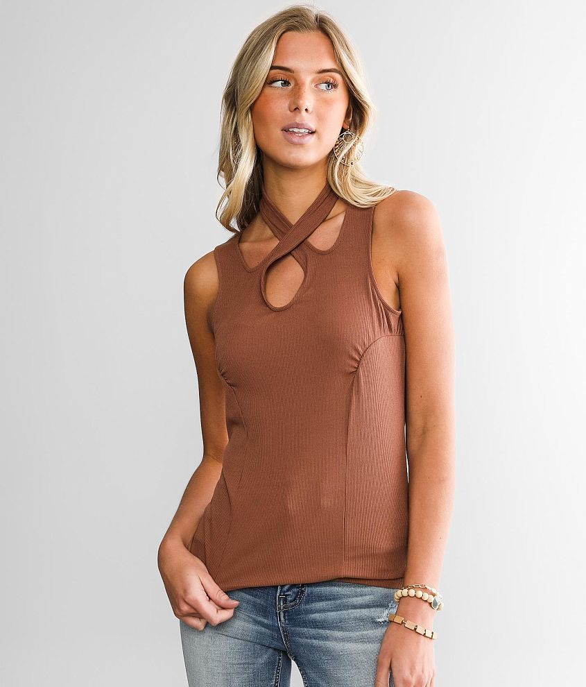 red by BKE Pieced Halter Tank Top - Women's Tank Tops in Cognac