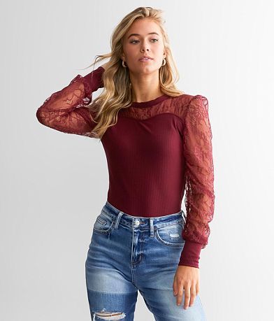 red by BKE Pieced Lace Top front view