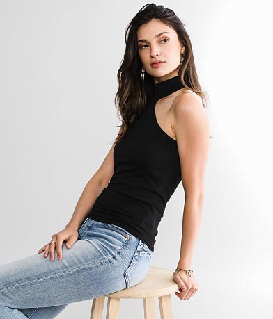 red by BKE Asymmetrical Cold Shoulder Tank Top front view