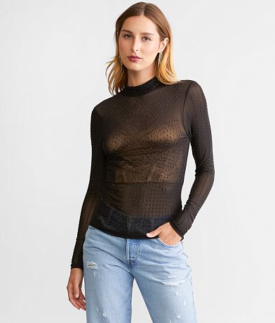 red by BKE Rhinestone Mesh Top front view