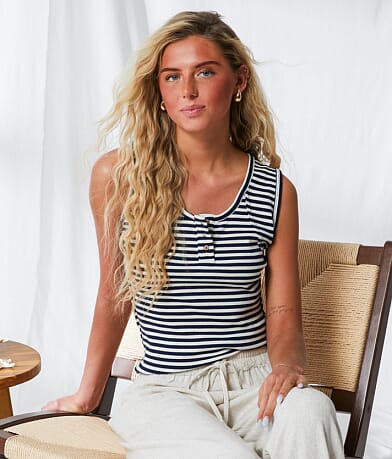 BKE Resort Striped Henley Tank Top front view