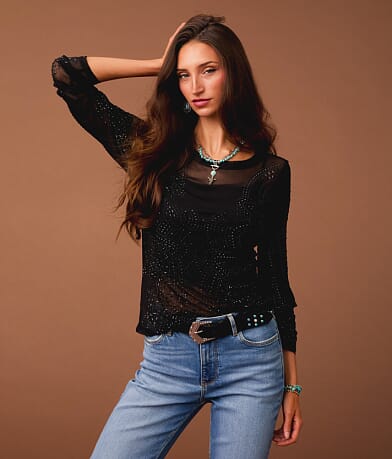 Sterling & Stitch Rhinestone Mesh Top front view