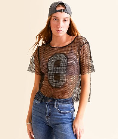 DH Apparel Raw Edge Fishnet Jersey Cropped Top front view