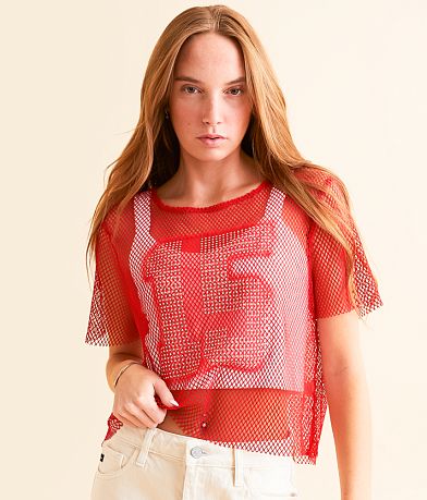 DH Apparel Raw Edge Fishnet Jersey Cropped Top front view