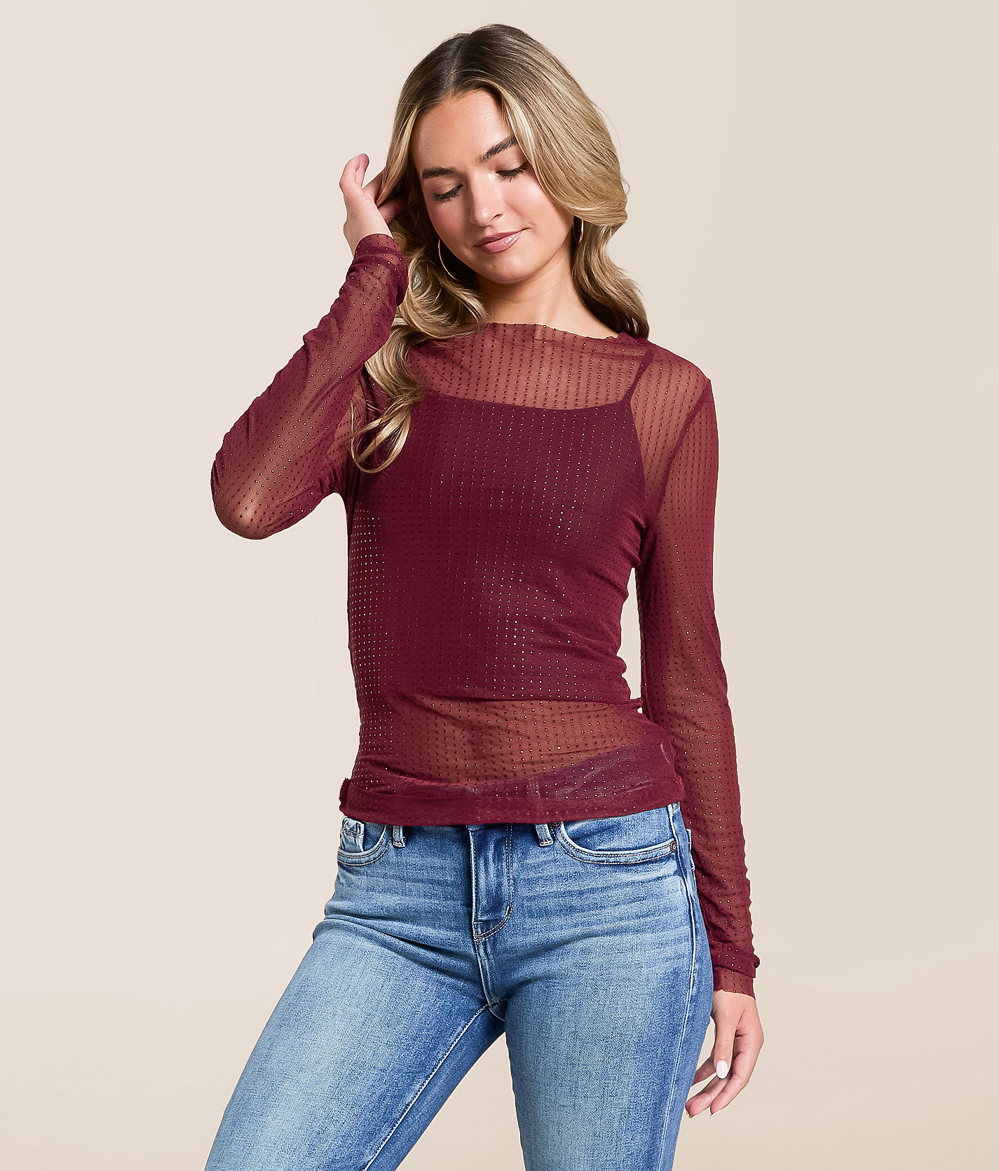 Willow & Root Studded Mesh Top - Women's Shirts & Blouses in Tawny