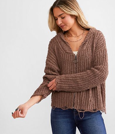 Daytrip Chenille Destructed Hooded Cardigan Sweater front view
