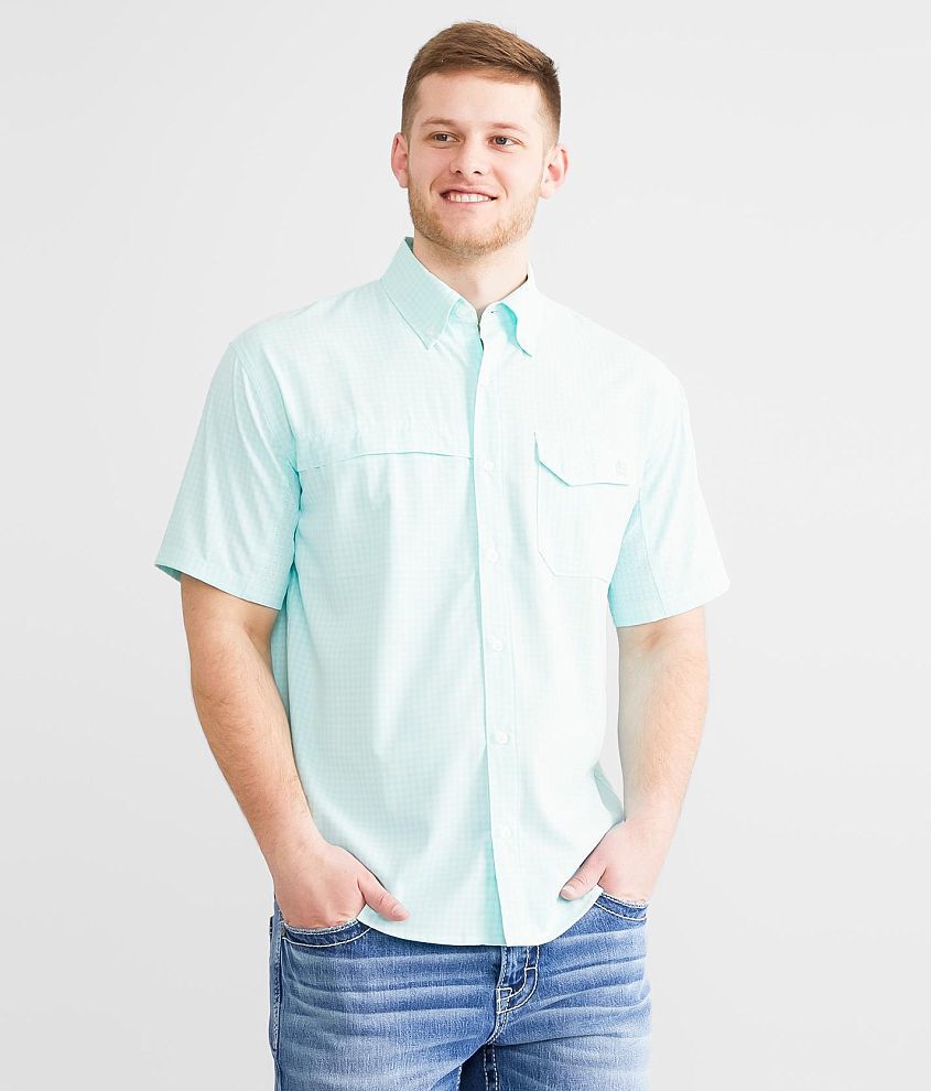 Men's Huk Tide Point Break Minicheck Short Sleeve Shirt, Medium, Island Paradise