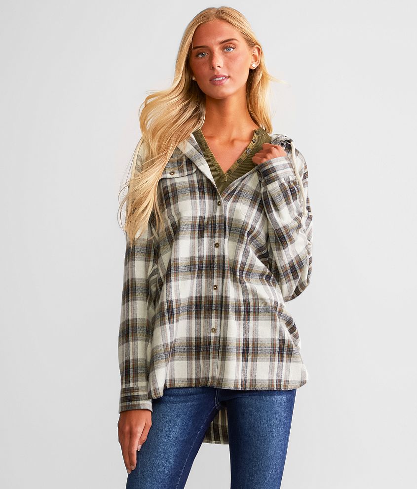 BKE Plaid Boyfriend Hooded Shirt front view