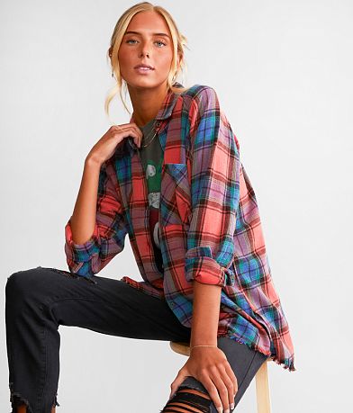 Gilded Intent Plaid Boyfriend Flannel Shirt front view