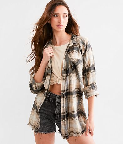 BKE Brushed Plaid Boyfriend Shirt front view