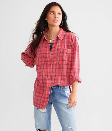 Gilded Intent Acid Wash Plaid Boyfriend Flannel Shirt FULL_LEFT_SIDE