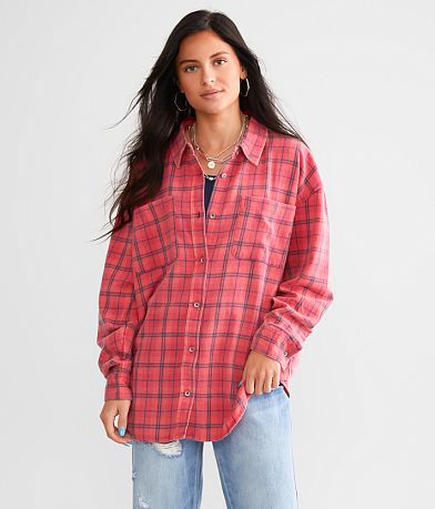 Gilded Intent Acid Wash Plaid Boyfriend Flannel Shirt FULL_RIGHT_SIDE