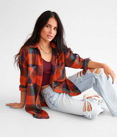 Gilded Intent Plaid Boyfriend Flannel Shirt front view