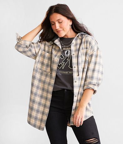 BKE Hooded Flannel Boyfriend Shirt front view