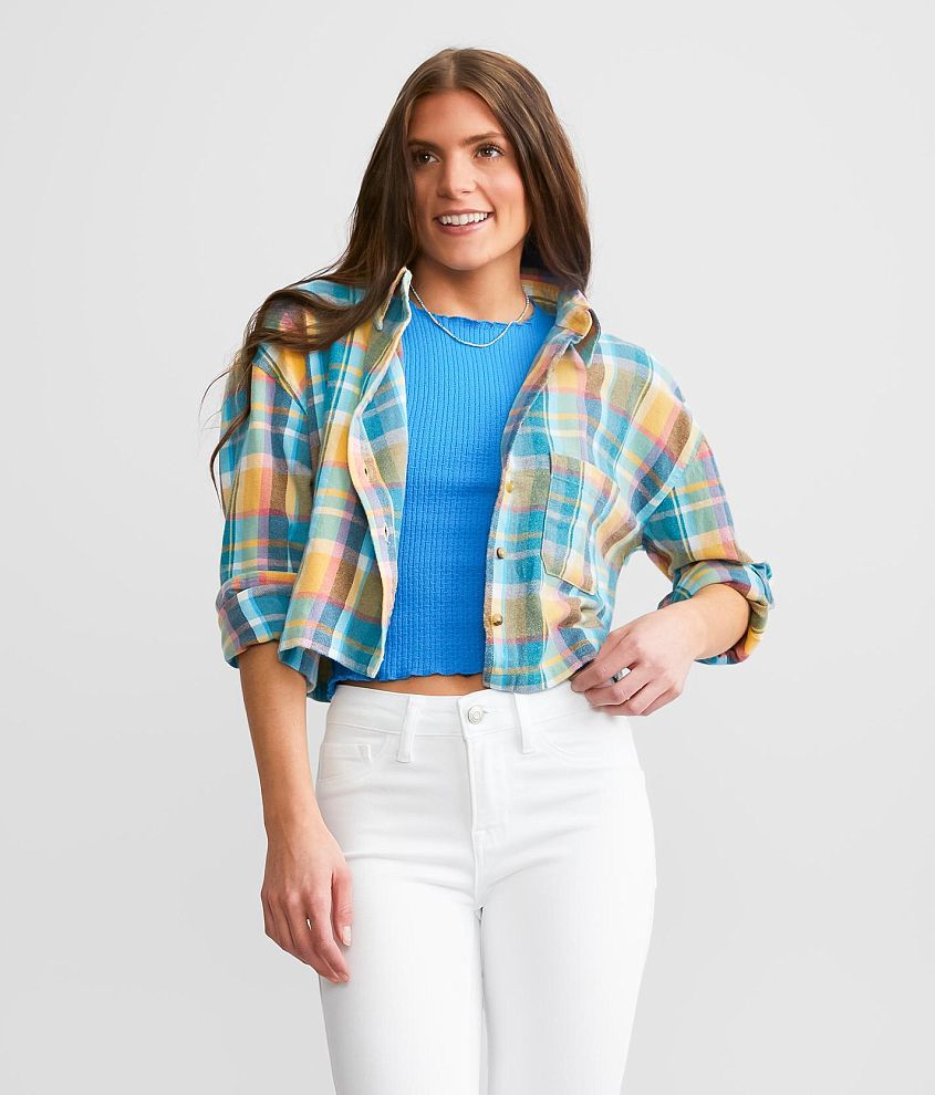 FITZ + EDDI Cropped Flannel Shirt - Women's Shirts/Blouses in Blue Grey