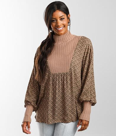 Gimmicks Pieced Cable Sweater Knit Tunic Top full right side view