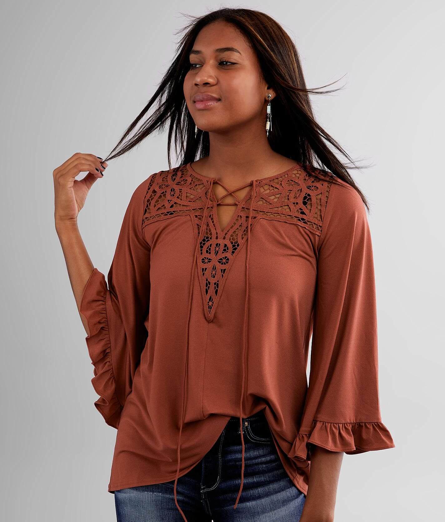 Daytrip Lace Crochet Yoke Split Neck Blouse - Women's Shirts